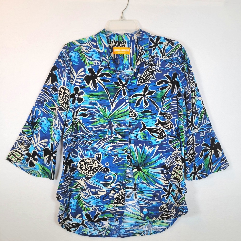 Jams World Womens Honu Island Turtle Hibe Button Top Size Large Blue Hawaiian
